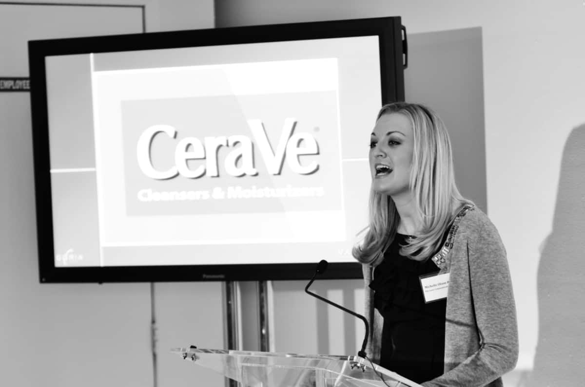 Michelle Olson-Rogers speaking at a CeraVe media event in 2012 in New York City