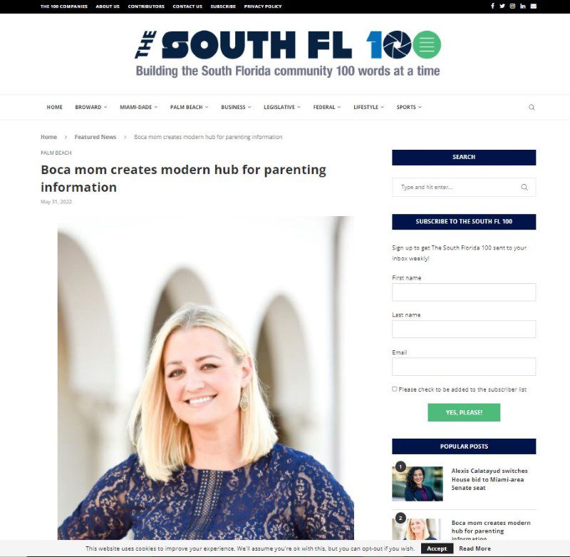 The South FL 100 media mention for Modern Boca Mom, Michelle Olson-Rogers